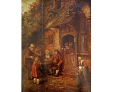 MANNER OF ADRIAEN VAN OSTADE (1610-1685) VILLAGERS WITH A FIDDLE PLAYER Signed H Bous, oil on panel 38 x 28.5cm. * The compos