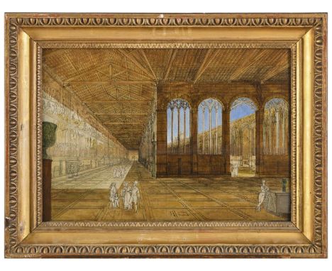 EMILIO BURCI (1811-1877) THE INTERIOR OF THE CAMPOSANTO MONUMENTALE, PIAZZA DEI MIRACOLI, PISA Oil with pen and ink on cherry