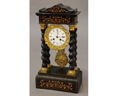 A 19TH CENTURY FRENCH 'PORTICO' CLOCK, the white enamelled dial with Roman numerals, with an eight day two train 'Japy' type 