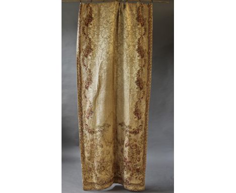 A PAIR OF AUBUSSON STYLE CURTAINS, the lined curtains with pink and pale green floral decoration within a running border and 