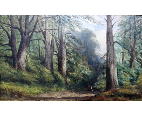 ATTRIBUTED TO THOMAS CRESWICK, RA (1811-1869) FIGURE ON A WOODLAND TRACK Bears signature and date 1863, oil on board 24.5 x 4