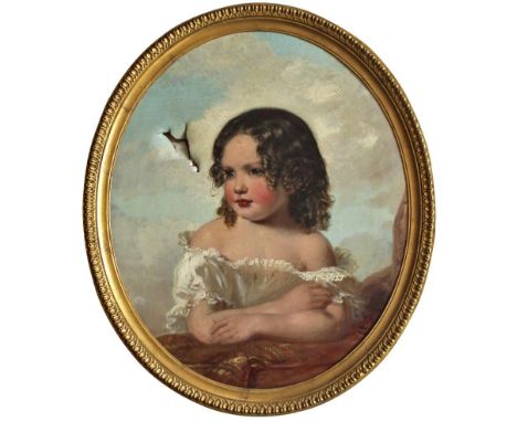 CIRCLE OF MARGARET SARAH CARPENTER (1793-1872) PORTRAIT OF A GIRL Oil on canvas, oval 60 x 49.5cm. ++ Tear in sky upper left;
