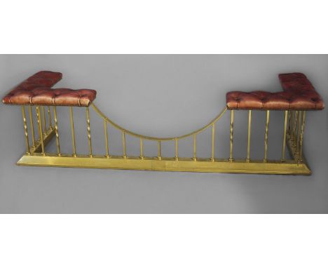 A VICTORIAN STYLE CLUB FENDER, with red leather button-upholstered seats with decorative round-headed nails, on square and tw