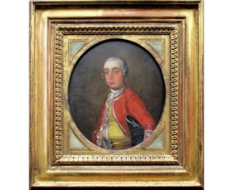 CIRCLE OF JOSEPH VAN AKEN (c.1699-1749) PORTRAIT OF AN OFFICER Half length, wearing a scarlet coat, mounted oval, oil on meta