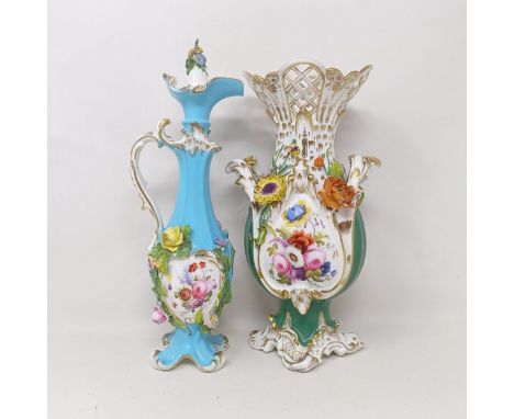 A Coalport vase, with a pierced rim, decorated flowers, 24 cm high, and a porcelain ewer, with a stopper, decorated flowers, 