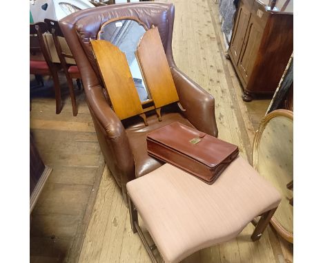 A mahogany Chippendale style stool, a leather armchair, a suitcase, and a triptych mirror (4) 
