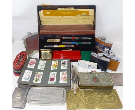 A silver plated hip flask, assorted other hip flasks, and other items (qty) 