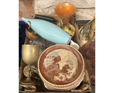 A Royal Doulton series ware bowl, a silver plated goblet, a part tea service and assorted other items (4 boxes) 
