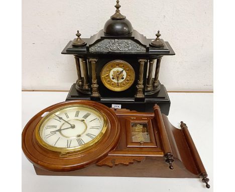 A mantel clock, in a slate case, 45 cm wide, and a wall clock in a mahogany case (2) 