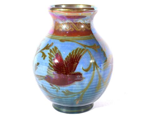 William S Mycock for Pilkington's Royal Lancastrian, a lustre vase with birds, 1929, thrown by Radford, the swollen body (sha