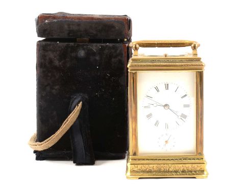 French brass gorge cased carriage clock, by Drocourt, number 11726, engraved case with bevelled glass, rectangular enamelled 