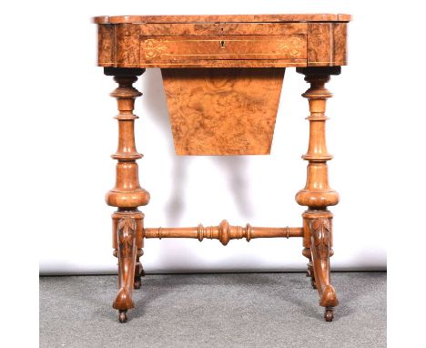 Victorian burr walnut and marquetry writing and work table, shaped oval hinged lid enclosing a ratcheted writing surface, pen