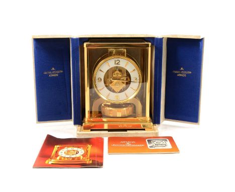 Jaeger Le-Coultre Atmos Classic clock, brass and glazed case, white dial, number 357824, 22.5cm, boxed and with papers.Condit