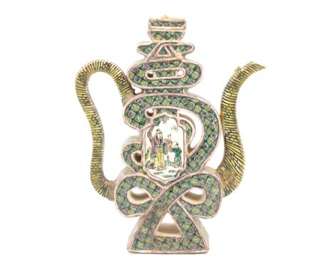A Chinese famille verte puzzle ewer, Kangxi style, of flattened form, loop handle and tapering spout, small reserves painted 