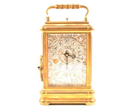 Large gorge cased carriage clock by Drocourt, number 30226, brass case with bevelled glass, rectagular dial with pierced silv