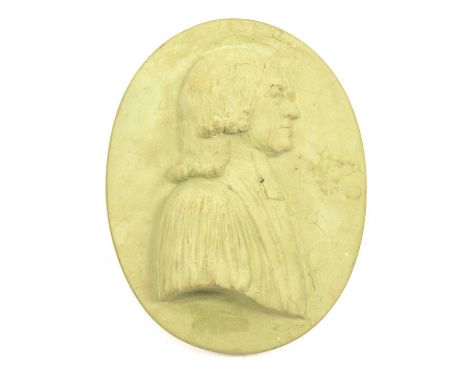 Staffordshire green stoneware oval portrait medallion, John Wesley, 9.5 x 7.5cm.Footnote:Perhaps produced to mark Reverend We