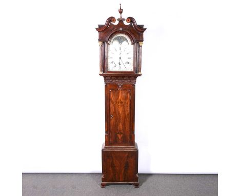 George III mahogany musical longcase clock, Isaac Sharratt, Burslem, the hood with swan neck pediment and urn finial, corinth