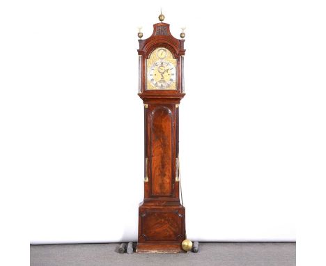 Mahogany longcase clock, pagoda top, the hood with three brass finials, fluted supports, long arched door flanked by quarter 