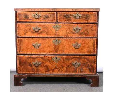 Early George III walnut chest of drawers, rectangular top with crossbanding, two short and three long graduating drawer with 