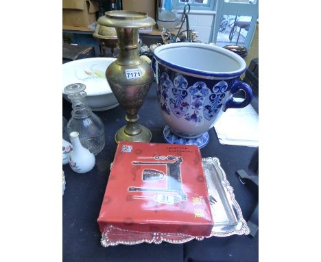 Collectable items including brass vase, ceramic planter etc