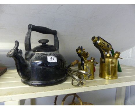 Le Creuset kettle, two vintage blow torches etc