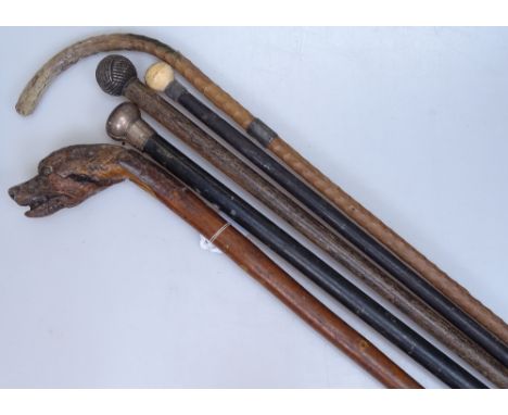 A silver-topped walking cane, a walking stick with a carved dog's head handle, and 3 others (5) 