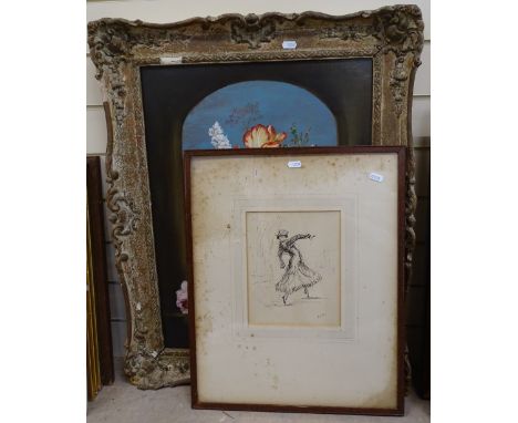 A floral study in embossed frame, height 30", and a portrait of a dancer 