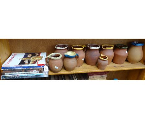 A shelf of earthenware jugs, tallest 7.5", including Brannam 