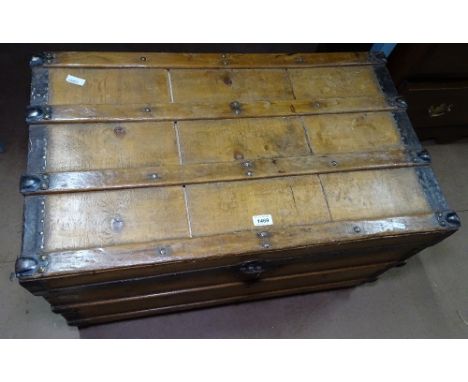 A 19th century steel and slat-bound steamer trunk, W84cm 