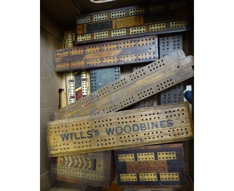 A group of cribbage markers and boards 
