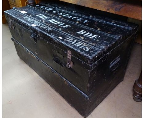 An Antique slatted and black painted steamer trunk, for RSM C Stacey, The Rifle Brigade Winchester Hants, W100cm 