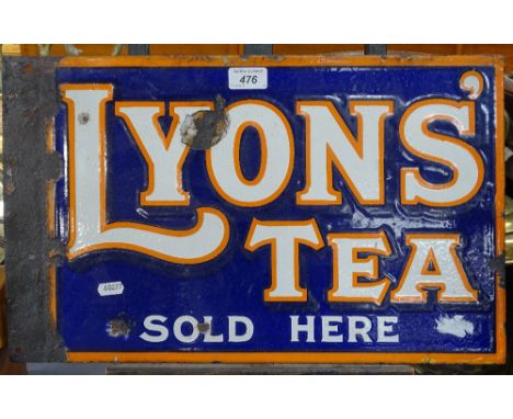 Vintage double-sided enamel sign advertising Lyon's Tea Sold Here (the fixing flange has been hammered flat), 19.5 x 12" over