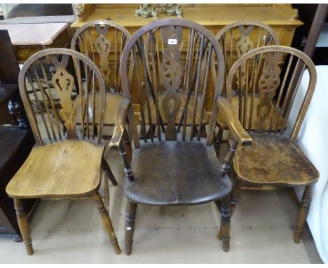 6 elm-seated kitchen stick-back chairs (5+1) 