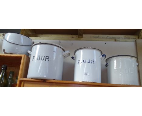 3 enamel flour bins and a pot 