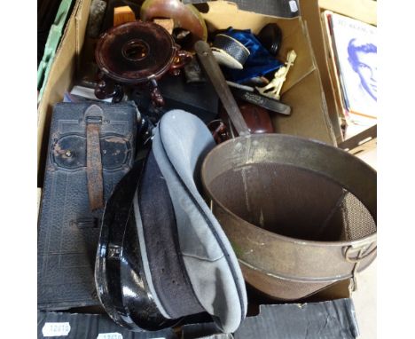 A box containing an Ensign box camera, a hip flask, kitchen items etc 