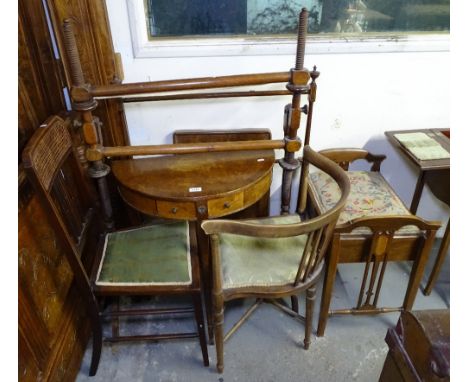 A tapestry stand, a bow arm chair, a folding bed tray, an Edwardian piano stool etc 
