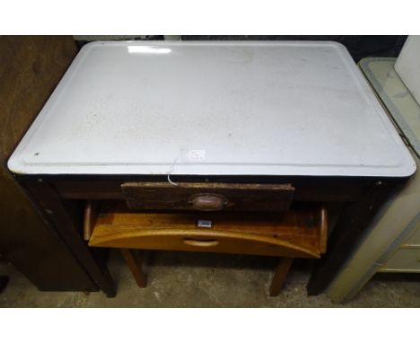 A Vintage enamel-top kitchen table on stained pine base, with single drawer, W90cm 