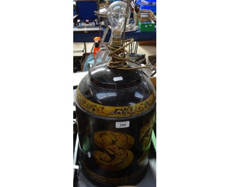 A table lamp made from a tea tin, 27.5" overall 
