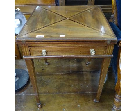 An Edwardian mahogany and satinwood-strung envelope card table, W50cm 