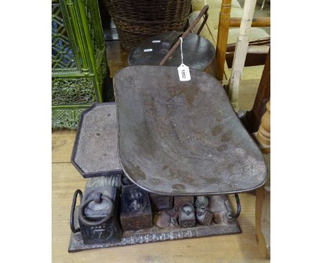 Victorian cast-iron grocer's scales and weights, and Victorian cast-iron pan and cover 