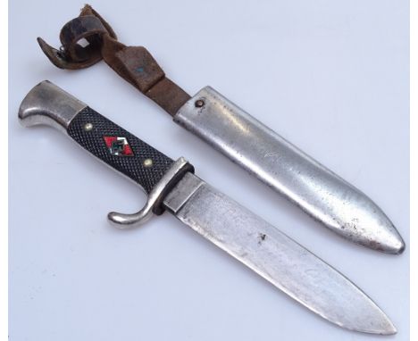 A Second War Period German knife with enamel mount to the handle and scabbard 