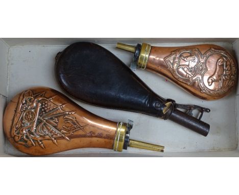 2 19th century embossed copper and brass shot flasks, and a Victorian leather shot flask (3) 