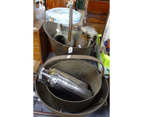 A group of various metalware, including a ship's bulkhead light, Vintage fire extinguishers etc 