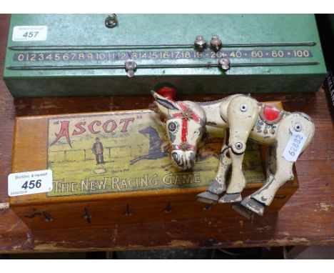 An Ascot walnut-cased horse racing game by Jaques of London, and a Vintage metal Muffin the Mule puppet 