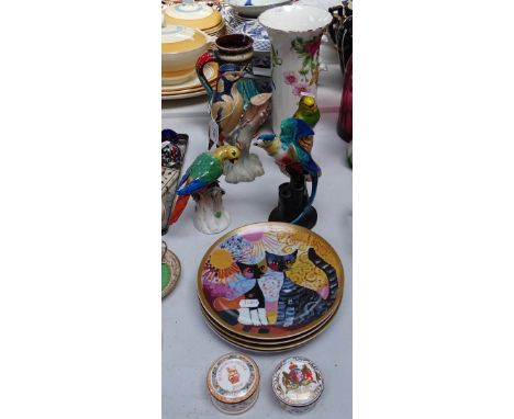 Spode woodpecker, 8.5", 3 other birds, cat plates etc 