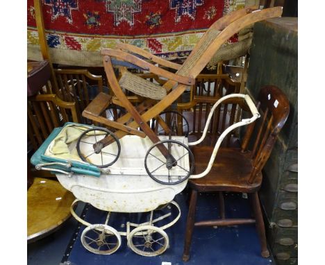 A child's pine stick-back chair, a Vintage metal pram, and a Vintage folding doll's chair (3) 