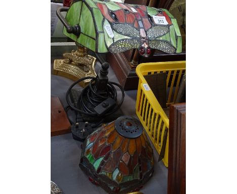 A reproduction Tiffany style student's desk lamp, with dragonfly decorated shade, and spare Tiffany style shade 