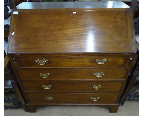A Georgian mahogany bureau, with fitted interior, 4 long graduated drawers, bracket feet, W96cm 