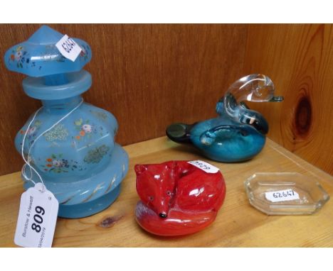 A Langham Glass fox, enamelled scent flask, 5" etc 