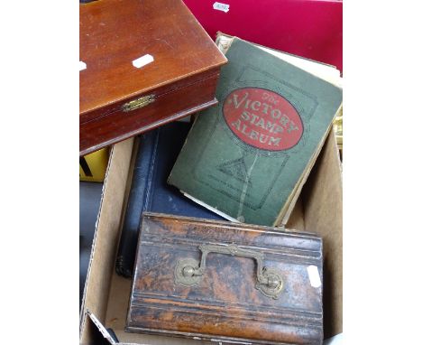 A Victorian mahogany box and contents, a Victorian tin containing geological specimens, a stamp album etc 